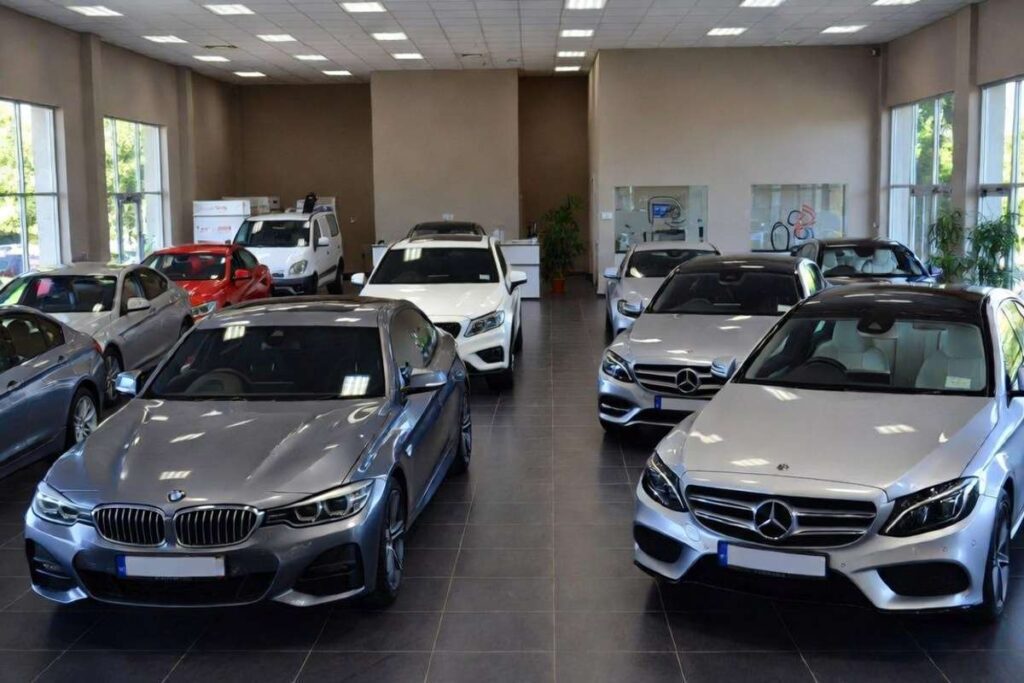 luxury BMW Mercedes rental car showroom