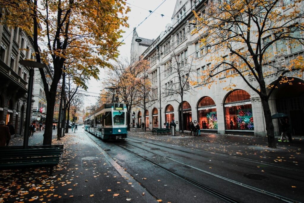 Bahnhofstrasse pedestrian shopping street Zurich trams Switzerland 2026