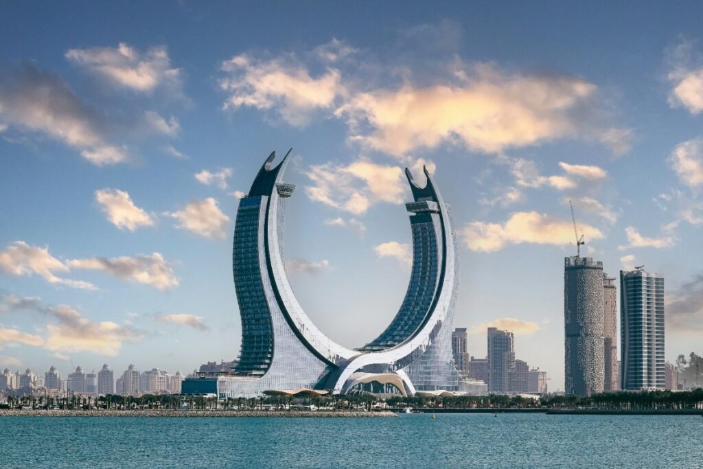 Lusail Katara Twin Towers illuminated skyline Doha Qatar night 2026