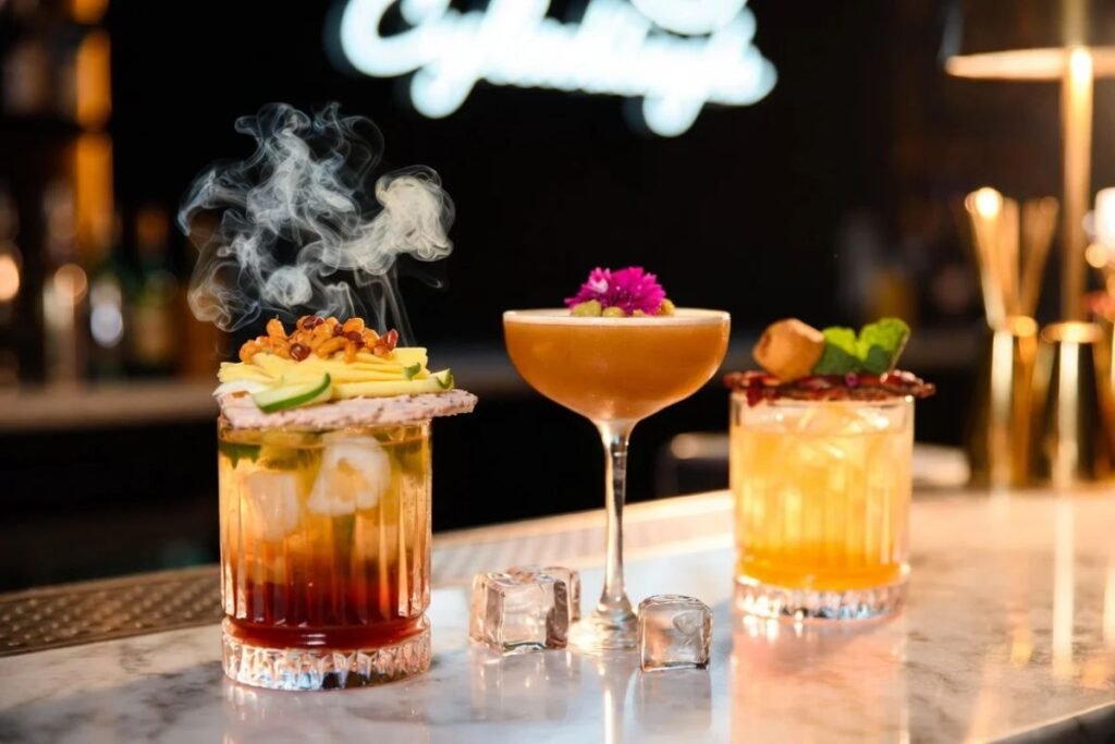 Theatrical cocktails with edible garnishes