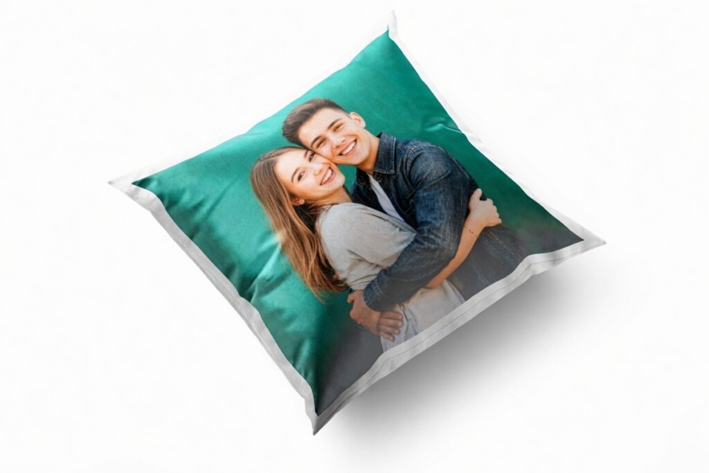 4. Personalised Satin Photo Cushion (40×40cm) – Best For a Lower-Budget Anniversary Complement to a Primary Gift